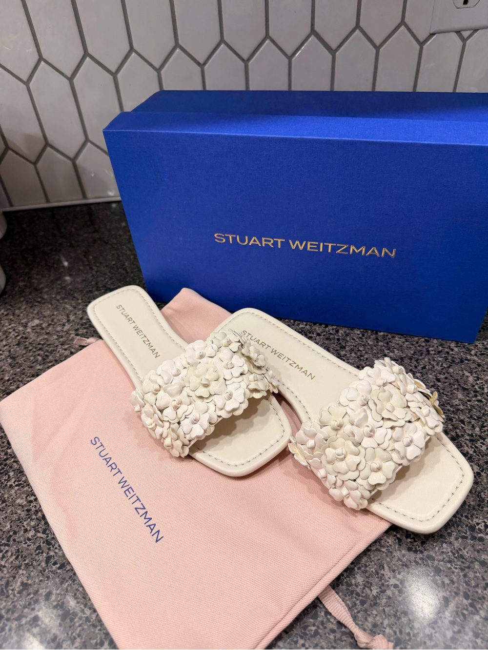 Stuart Weitzman Ivory Floral Appliqué Slide Sandals